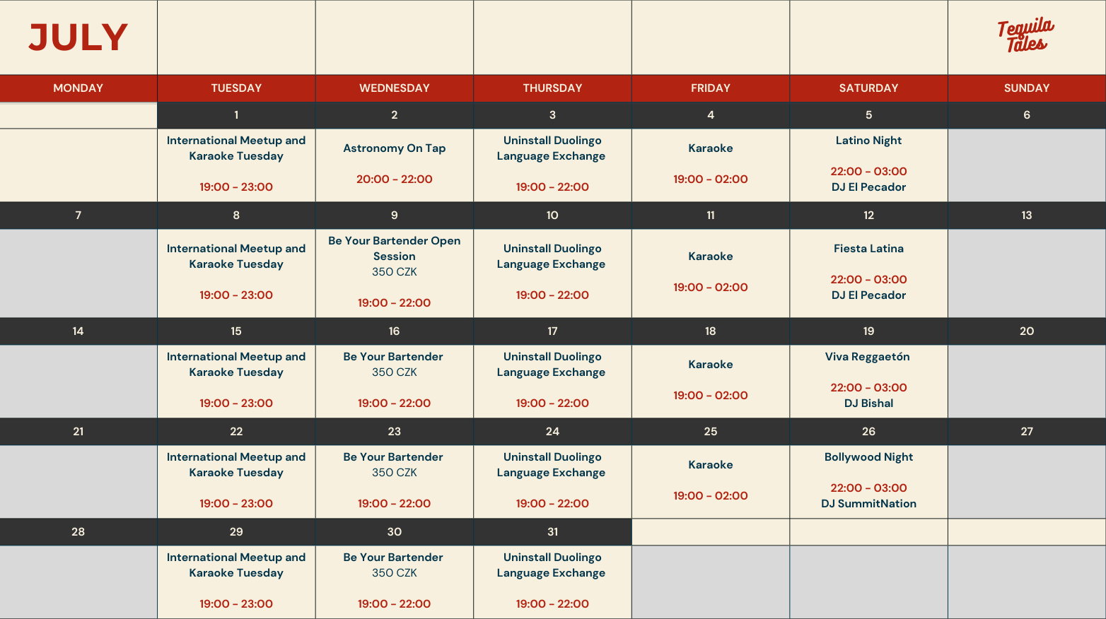 Event calendar for July