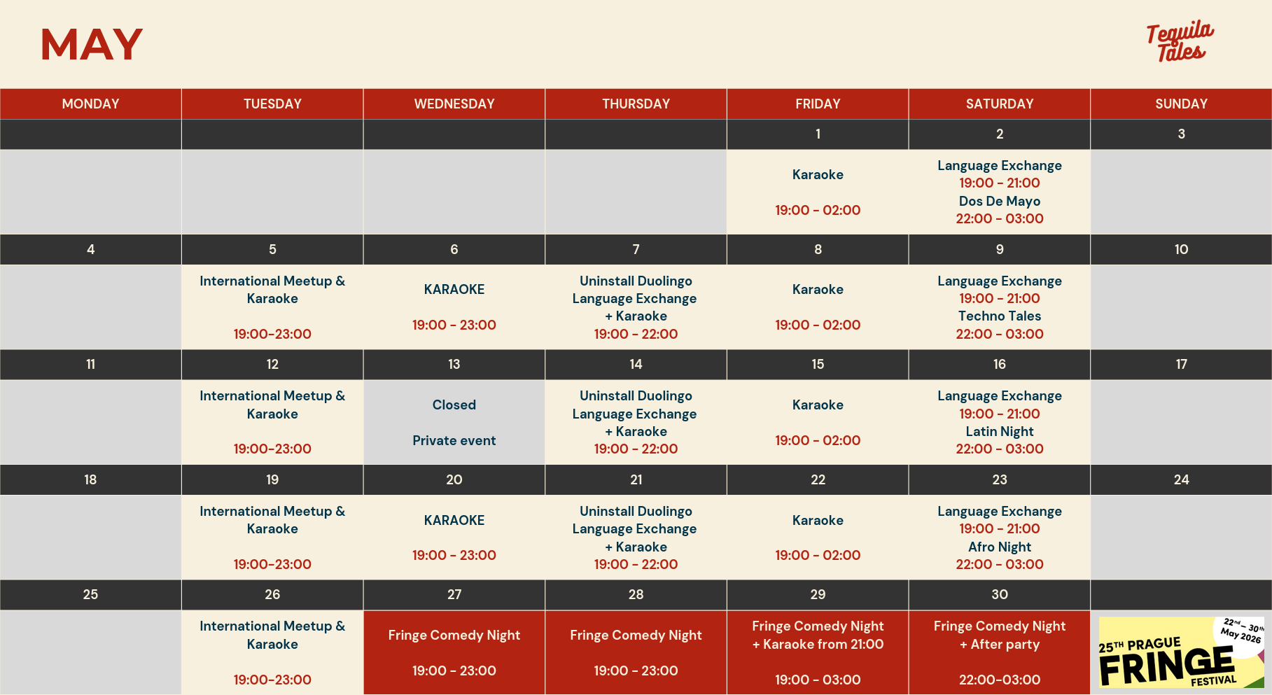 Event calendar for May