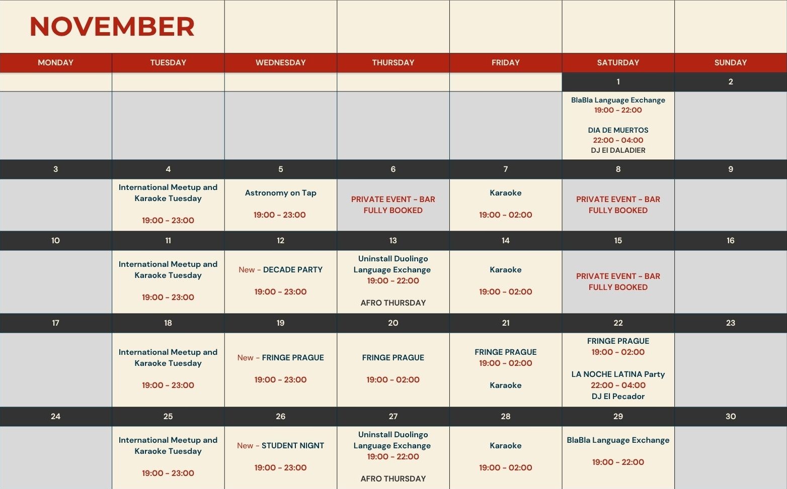 Event calendar for November