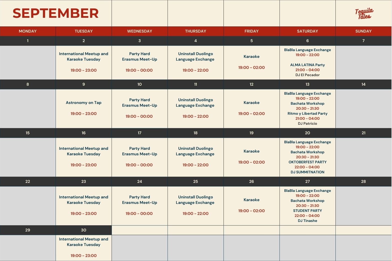 Event calendar for September